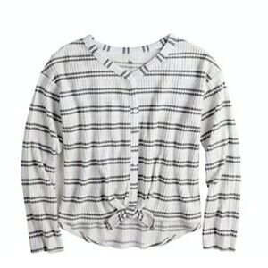 S0 Girls Black/White Stripe Top Waffle Knit Long Sleeve Front Tie Size S (7) NWT
